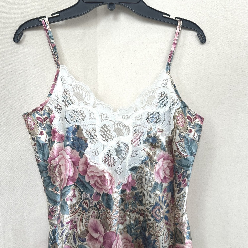 Vtg 90s Victorias Secret Gold Label Coquette Floral Satin Lace Chemise Dress M - Picture 2 of 8